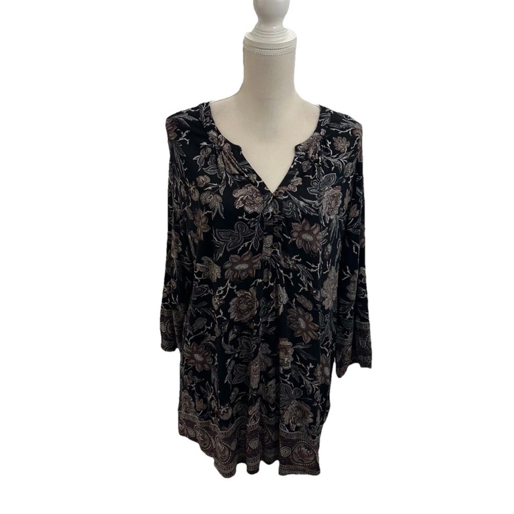 Lucky Brand Women’s Tunic Sz 1X Black Floral V Neck Long Sleeve Boho Blouse